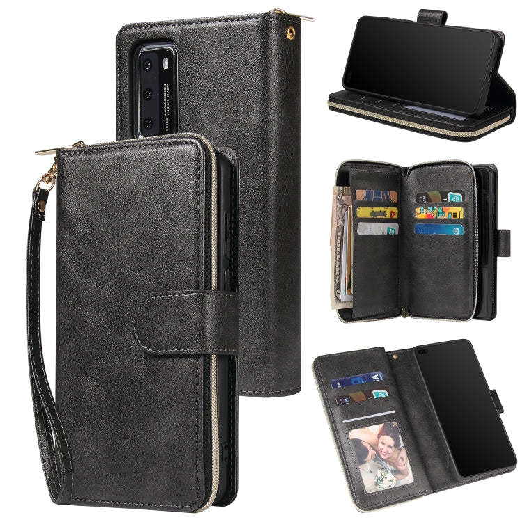 For Huawei P40 Zipper Wallet Bag Horizontal Flip PU Leather Case with Holder & 9 Card Slots & Wallet & Lanyard & Photo Frame