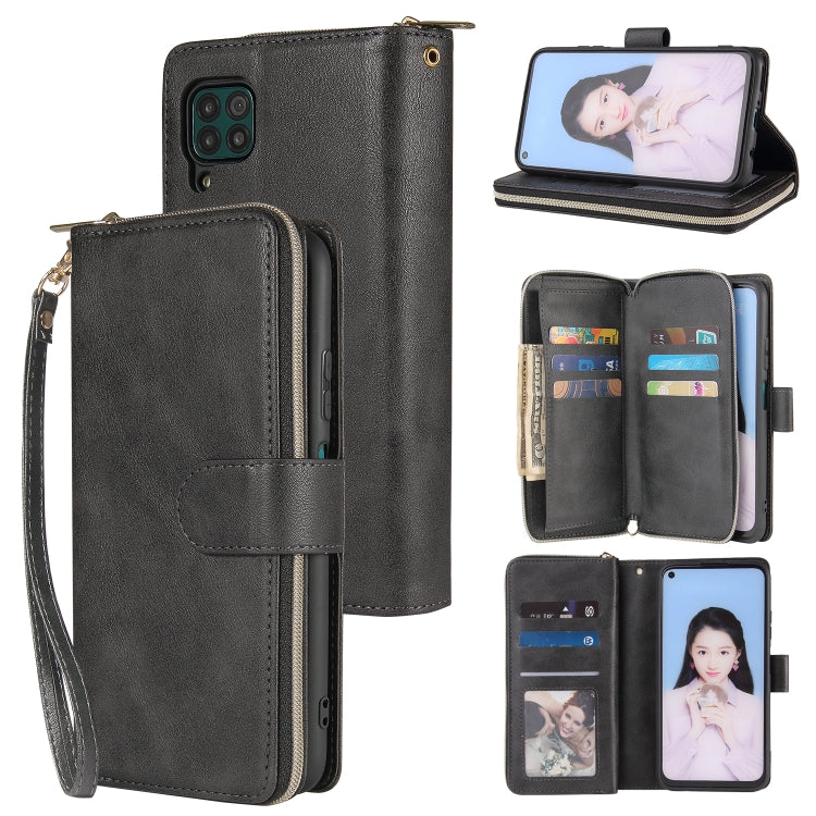 For Huawei P40 Lite Zipper Wallet Bag Horizontal Flip PU Leather Case with Holder & 9 Card Slots & Wallet & Lanyard & Photo Frame