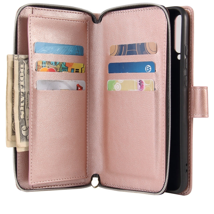For Huawei P40 Lite E Zipper Wallet Bag Horizontal Flip PU Leather Case with Holder & 9 Card Slots & Wallet & Lanyard & Photo Frame