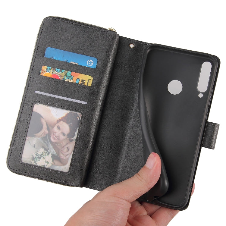 For Huawei P40 Lite E Zipper Wallet Bag Horizontal Flip PU Leather Case with Holder & 9 Card Slots & Wallet & Lanyard & Photo Frame