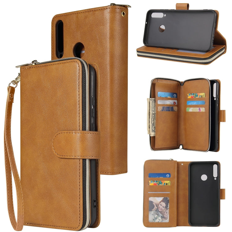 For Huawei P40 Lite E Zipper Wallet Bag Horizontal Flip PU Leather Case with Holder & 9 Card Slots & Wallet & Lanyard & Photo Frame