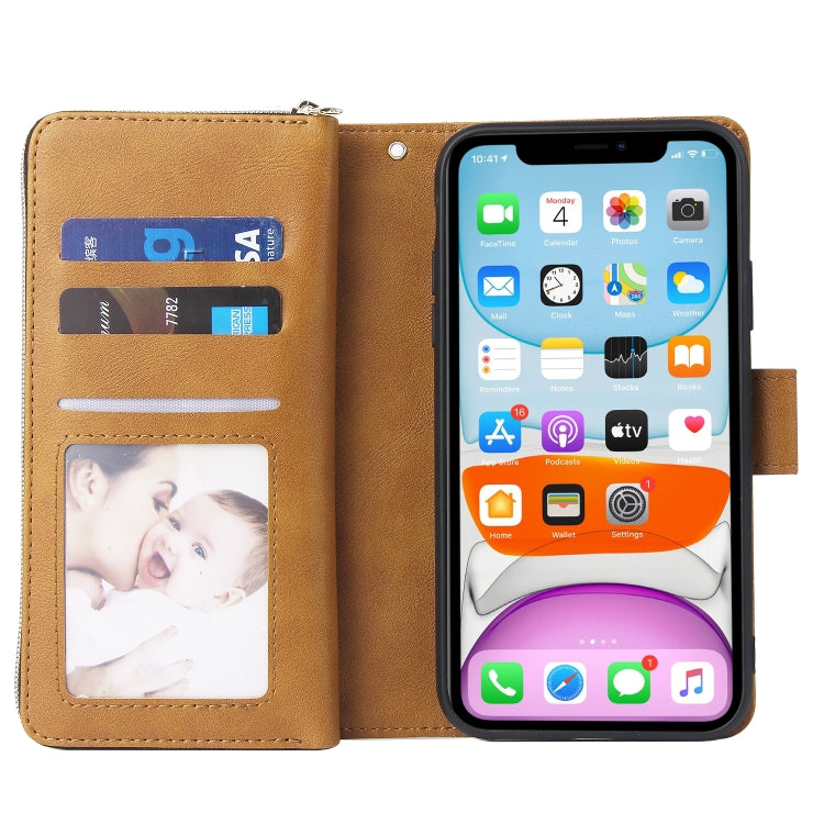For iPhone 11 Zipper Wallet Bag Horizontal Flip PU Leather Case with Holder & 9 Card Slots & Wallet & Lanyard & Photo Frame