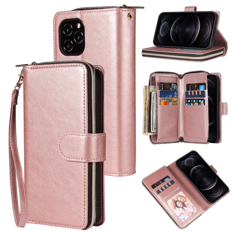 For iPhone 12 / 12 Pro Zipper Wallet Bag Horizontal Flip PU Leather Case with Holder & 9 Card Slots & Wallet & Lanyard & Photo Frame
