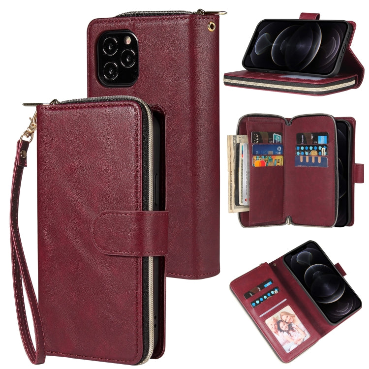 For iPhone 12 / 12 Pro Zipper Wallet Bag Horizontal Flip PU Leather Case with Holder & 9 Card Slots & Wallet & Lanyard & Photo Frame