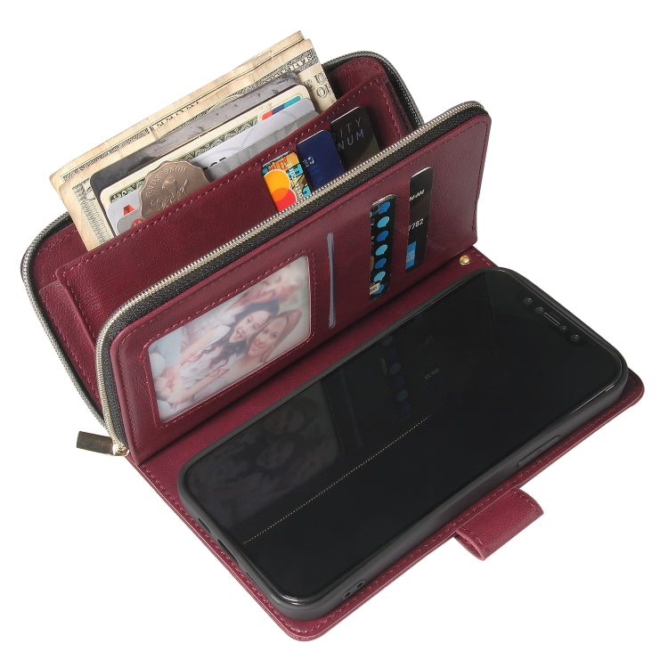 For iPhone 12 / 12 Pro Zipper Wallet Bag Horizontal Flip PU Leather Case with Holder & 9 Card Slots & Wallet & Lanyard & Photo Frame