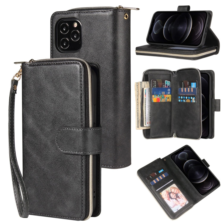 For iPhone 12 / 12 Pro Zipper Wallet Bag Horizontal Flip PU Leather Case with Holder & 9 Card Slots & Wallet & Lanyard & Photo Frame