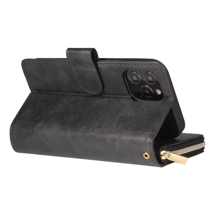 For iPhone 12 / 12 Pro Zipper Wallet Bag Horizontal Flip PU Leather Case with Holder & 9 Card Slots & Wallet & Lanyard & Photo Frame