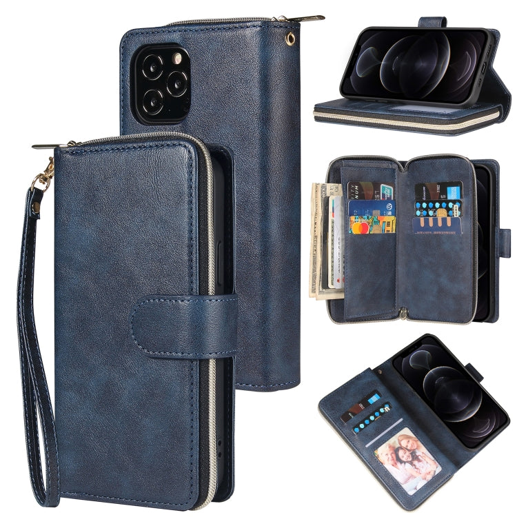 For iPhone 12 / 12 Pro Zipper Wallet Bag Horizontal Flip PU Leather Case with Holder & 9 Card Slots & Wallet & Lanyard & Photo Frame