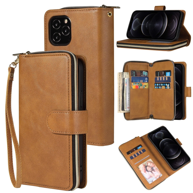 For iPhone 12 / 12 Pro Zipper Wallet Bag Horizontal Flip PU Leather Case with Holder & 9 Card Slots & Wallet & Lanyard & Photo Frame