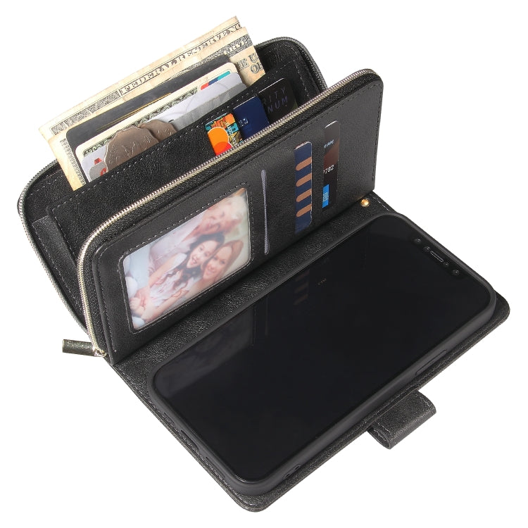 For iPhone 12 Pro Max Zipper Wallet Bag Horizontal Flip PU Leather Case with Holder & 9 Card Slots & Wallet & Lanyard & Photo Frame
