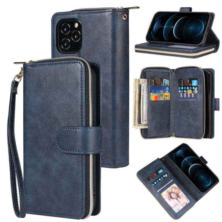 For iPhone 12 Pro Max Zipper Wallet Bag Horizontal Flip PU Leather Case with Holder & 9 Card Slots & Wallet & Lanyard & Photo Frame