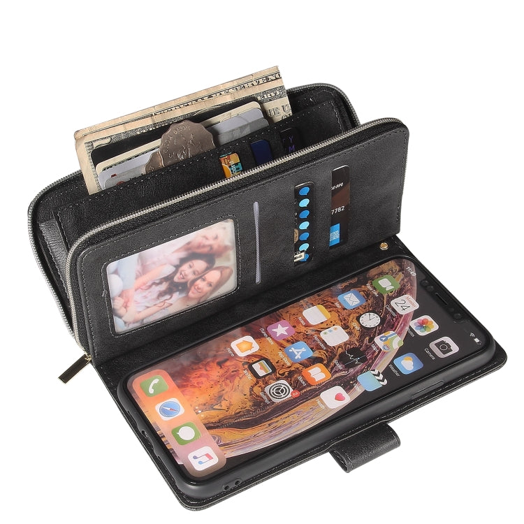 For iPhone X / XS Zipper Wallet Bag Horizontal Flip PU Leather Case with Holder & 9 Card Slots & Wallet & Lanyard & Photo Frame