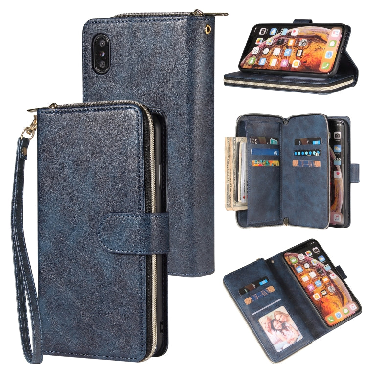 For iPhone X / XS Zipper Wallet Bag Horizontal Flip PU Leather Case with Holder & 9 Card Slots & Wallet & Lanyard & Photo Frame