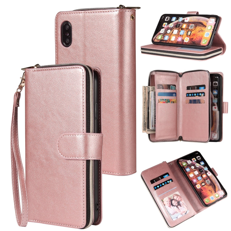 For iPhone XS Max Zipper Wallet Bag Horizontal Flip PU Leather Case with Holder & 9 Card Slots & Wallet & Lanyard & Photo Frame