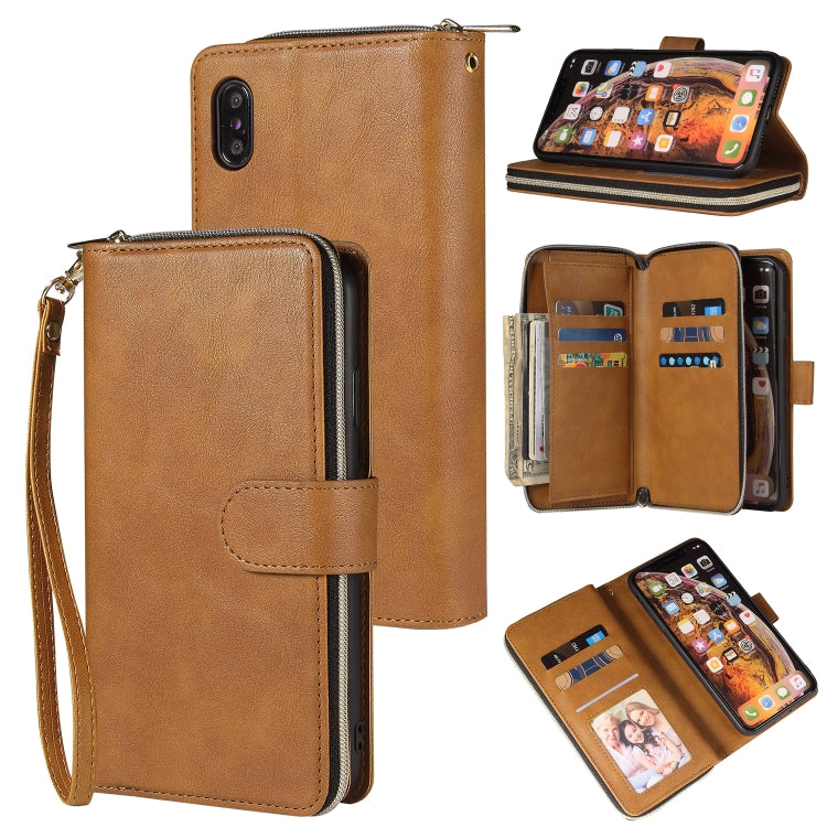 For iPhone XS Max Zipper Wallet Bag Horizontal Flip PU Leather Case with Holder & 9 Card Slots & Wallet & Lanyard & Photo Frame