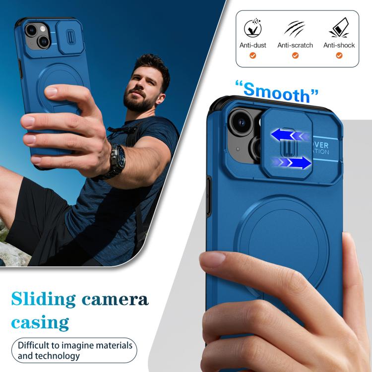 For iPhone 15 Plus / 14 Plus Sliding Camshield MagSafe Holder Phone Case