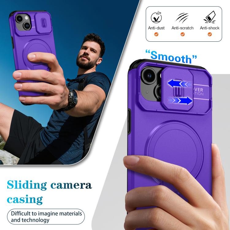 For iPhone 15 Plus / 14 Plus Sliding Camshield MagSafe Holder Phone Case