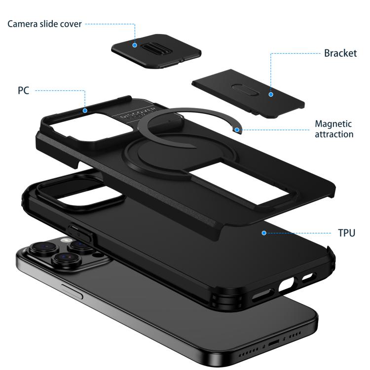 For iPhone 15 Pro Sliding Camshield MagSafe Holder Phone Case