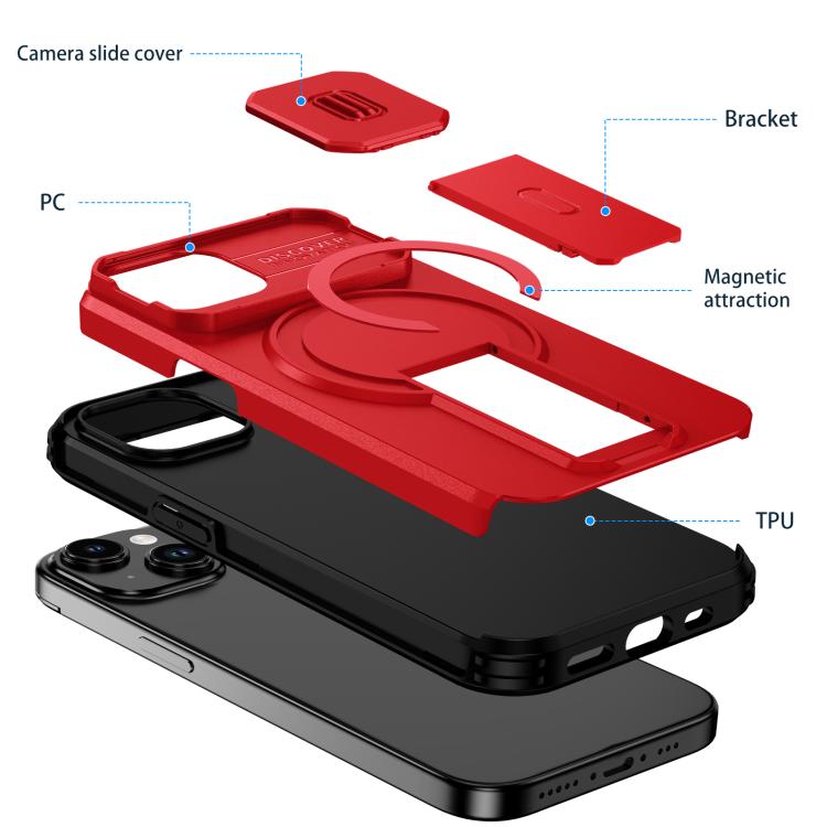 For iPhone 15 Sliding Camshield MagSafe Holder Phone Case