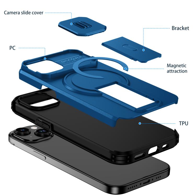 For iPhone 15 Sliding Camshield MagSafe Holder Phone Case