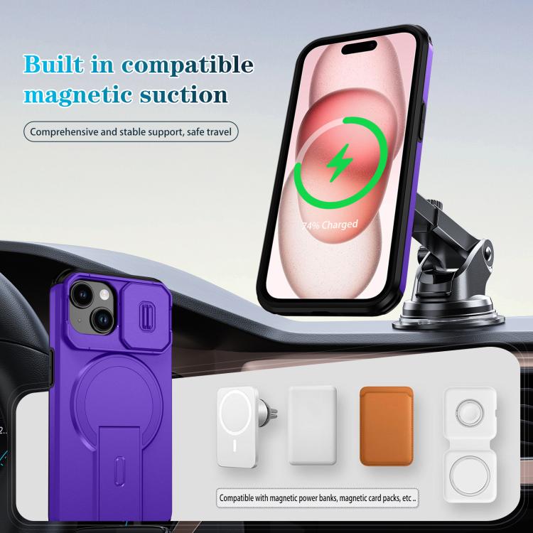 For iPhone 15 Sliding Camshield MagSafe Holder Phone Case