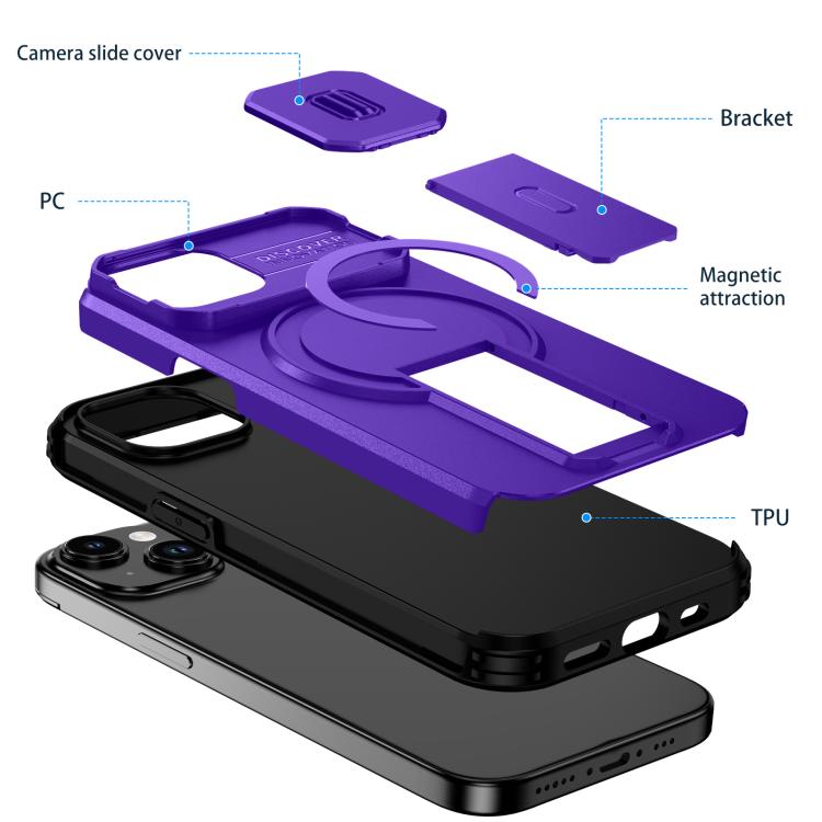 For iPhone 15 Sliding Camshield MagSafe Holder Phone Case