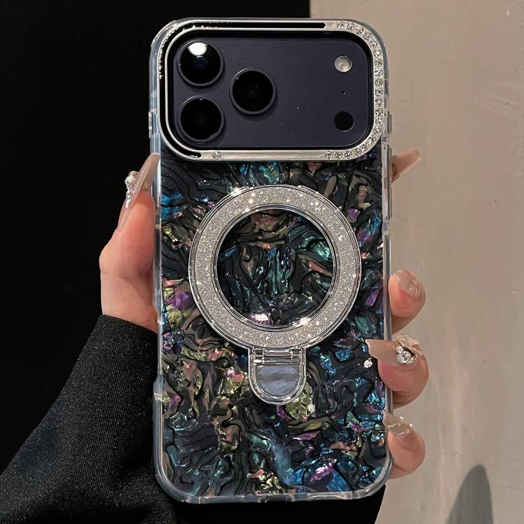 For iPhone 17 Pro Ink Rhythm Colorful Shell Pattern TPU Hybrid IMD Phone Case with Glitter Holder