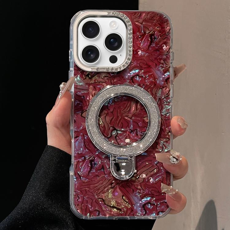 For iPhone 16 Pro Max Ink Rhythm Colorful Shell Pattern TPU Hybrid IMD Phone Case with Glitter Holder