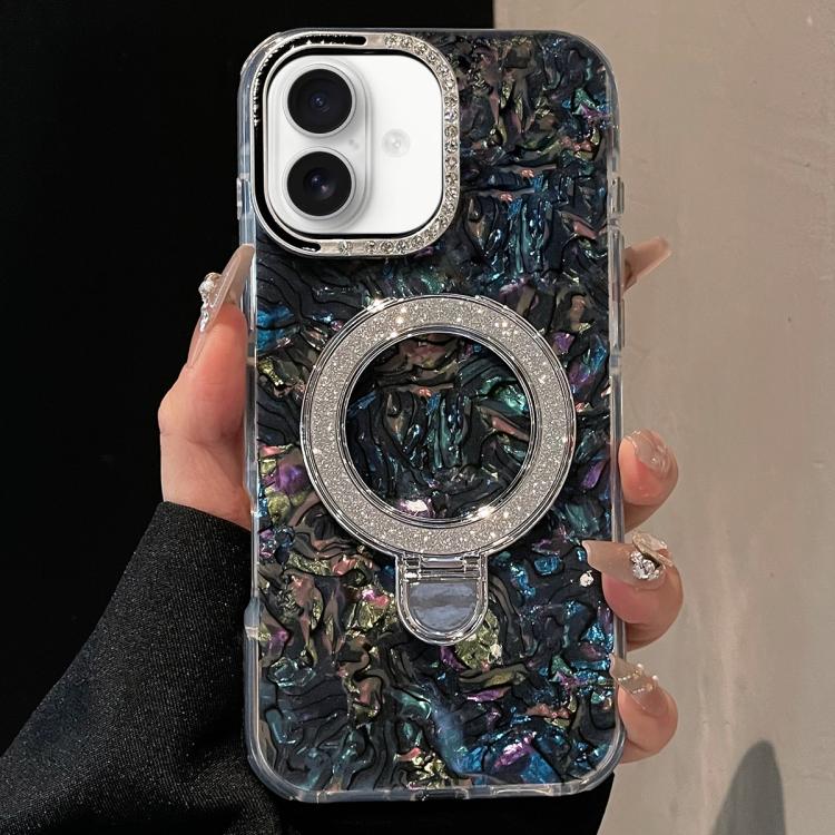For iPhone 16 Plus Ink Rhythm Colorful Shell Pattern TPU Hybrid IMD Phone Case with Glitter Holder