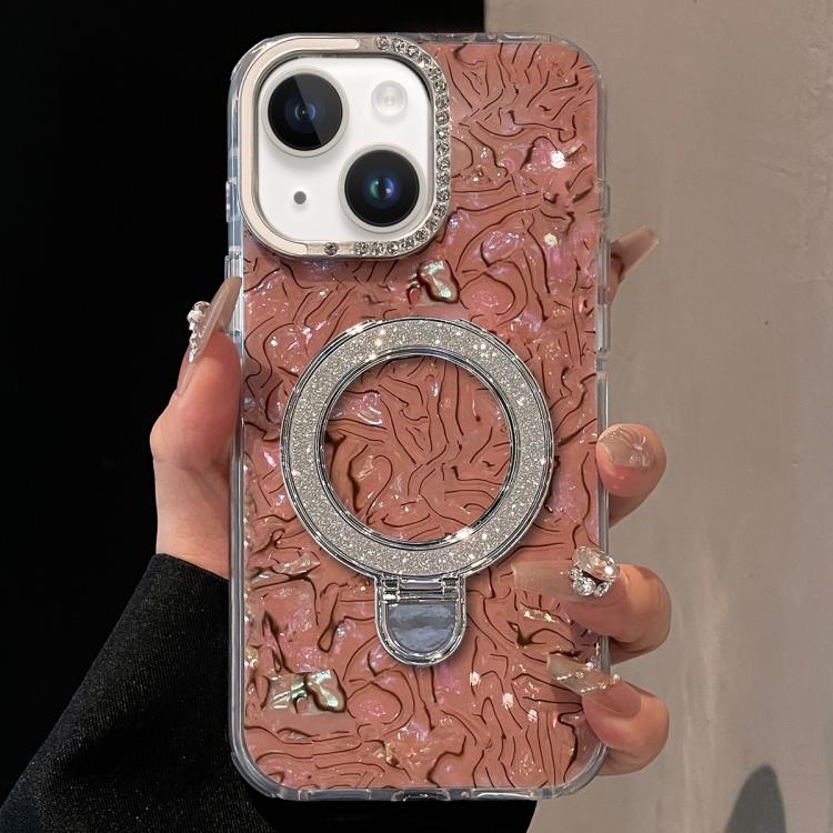 For iPhone 15 Plus / 14 Plus Ink Rhythm Colorful Shell Pattern TPU Hybrid IMD Phone Case with Glitter Holder