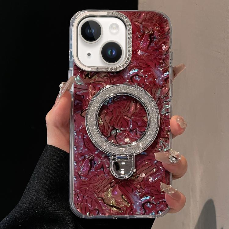 For iPhone 15 Ink Rhythm Colorful Shell Pattern TPU Hybrid IMD Phone Case with Glitter Holder