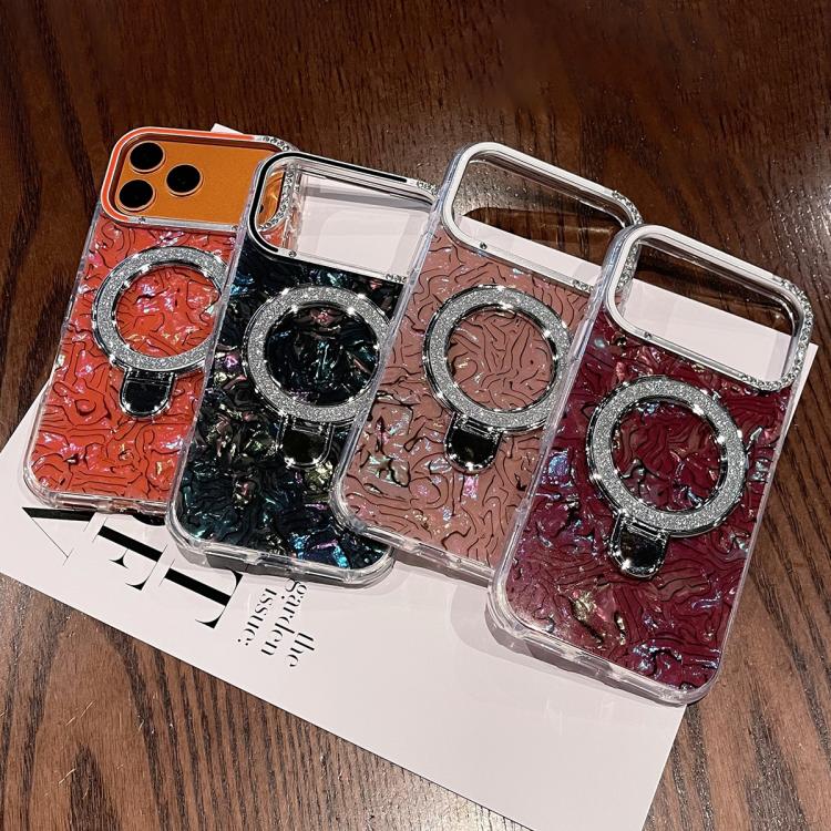 For iPhone 15 Ink Rhythm Colorful Shell Pattern TPU Hybrid IMD Phone Case with Glitter Holder