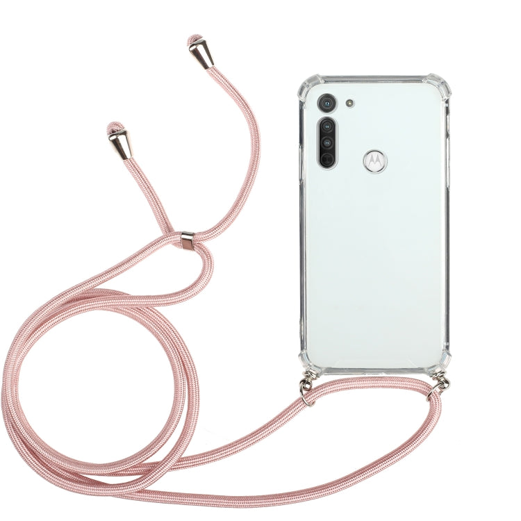 For Motorola Moto G8 Four-Corner Anti-Fall Transparent TPU Protective Case with Lanyard