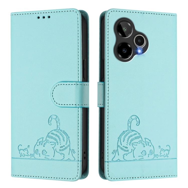 For AT&T Verge 2 Cat Rat Embossed Pattern RFID Leather Phone Case with Lanyard