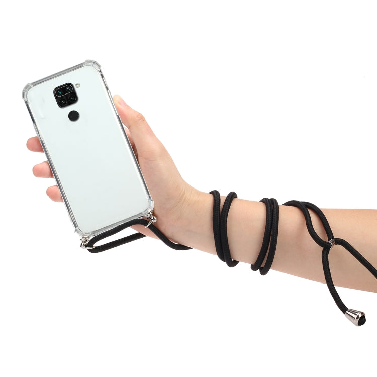 For Xiaomi Redmi Note 9 Four-Corner Shockproof Transparent TPU Protective Case with Lanyard