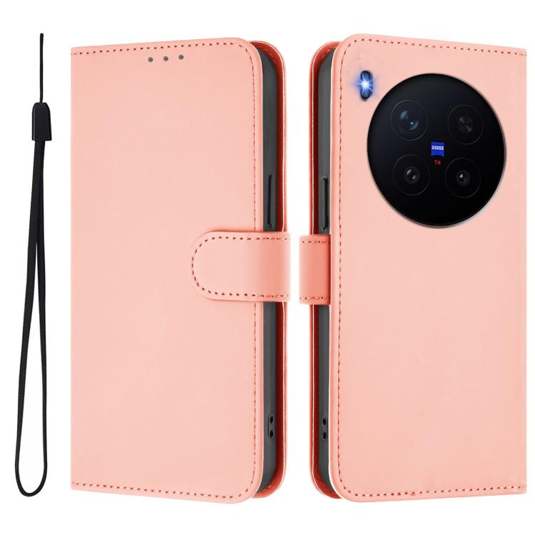 For vivo X300 Skin Feel Solid Color Leather Phone Case with Lanyard