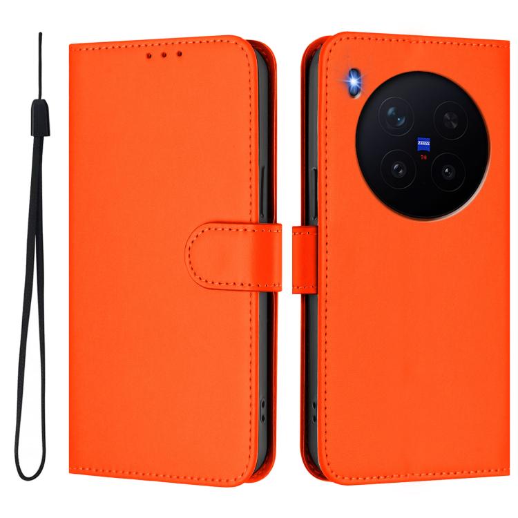 For vivo X300 Skin Feel Solid Color Leather Phone Case with Lanyard