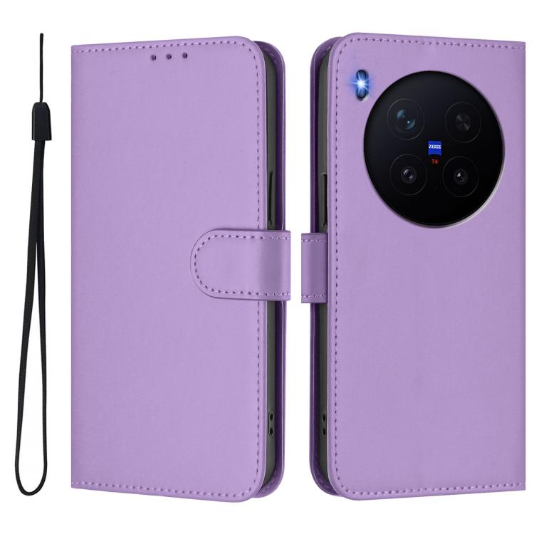 For vivo X300 Skin Feel Solid Color Leather Phone Case with Lanyard