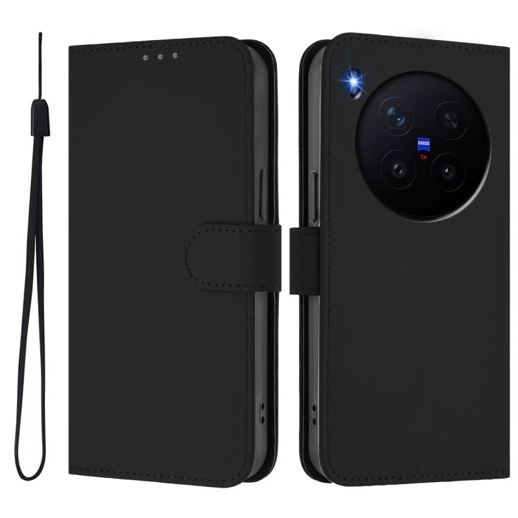For vivo X300 Skin Feel Solid Color Leather Phone Case with Lanyard