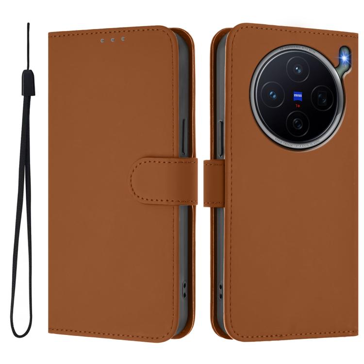 For vivo X300s Skin Feel Solid Color Leather Phone Case with Lanyard