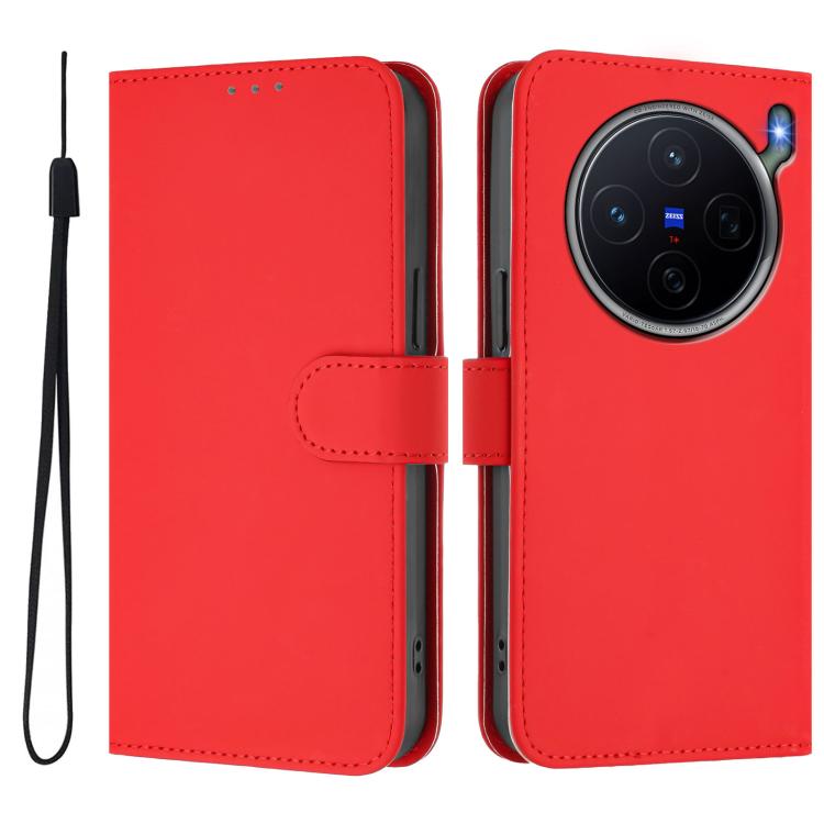 For vivo X300s Skin Feel Solid Color Leather Phone Case with Lanyard