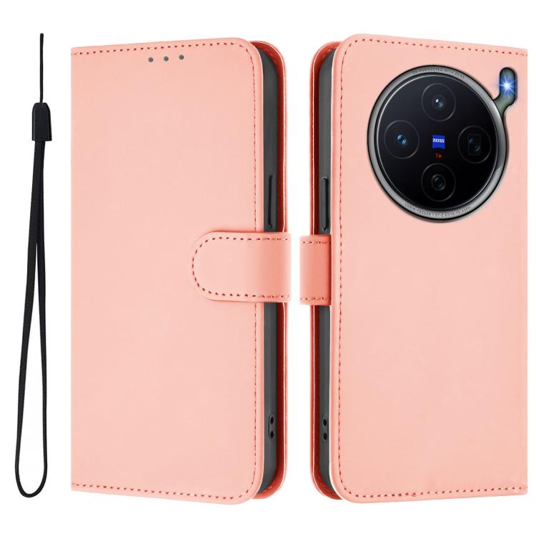 For vivo X300s Skin Feel Solid Color Leather Phone Case with Lanyard