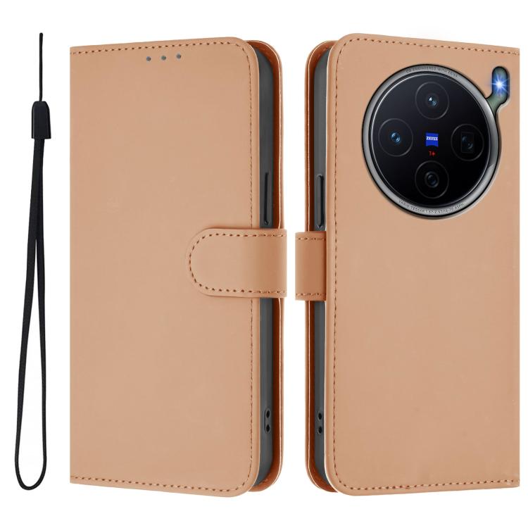 For vivo X300s Skin Feel Solid Color Leather Phone Case with Lanyard