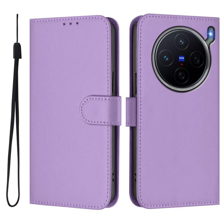 For vivo X300s Skin Feel Solid Color Leather Phone Case with Lanyard
