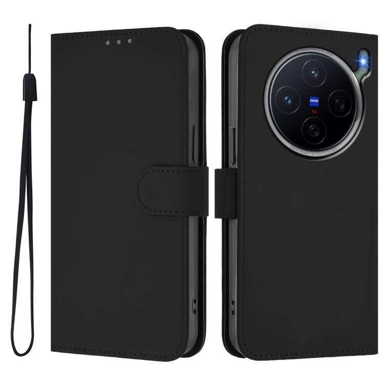For vivo X300s Skin Feel Solid Color Leather Phone Case with Lanyard