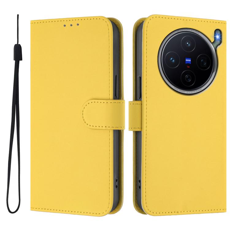 For vivo X300s Skin Feel Solid Color Leather Phone Case with Lanyard