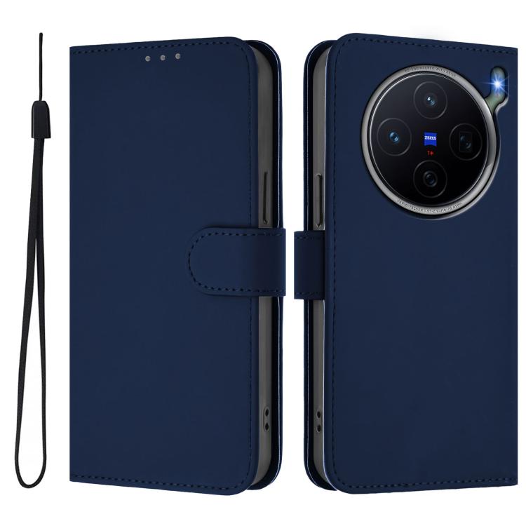 For vivo X300s Skin Feel Solid Color Leather Phone Case with Lanyard