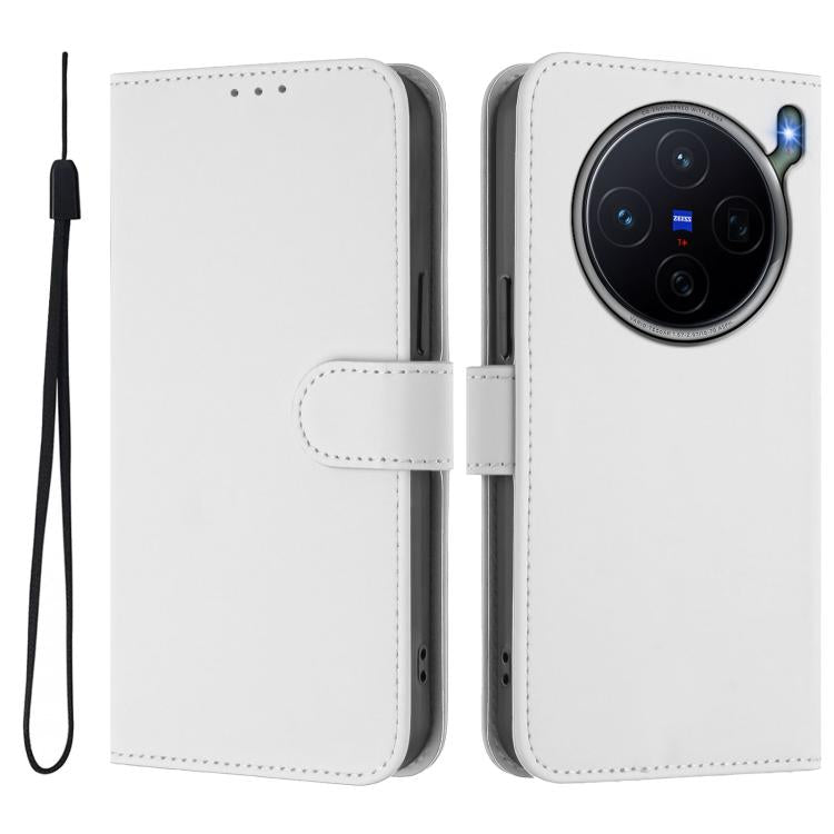 For vivo X300s Skin Feel Solid Color Leather Phone Case with Lanyard