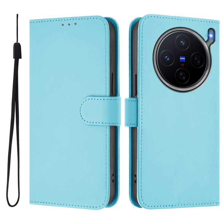 For vivo X300s Skin Feel Solid Color Leather Phone Case with Lanyard