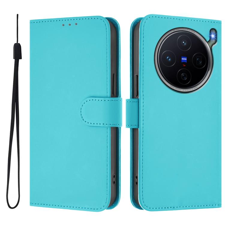 For vivo X300s Skin Feel Solid Color Leather Phone Case with Lanyard